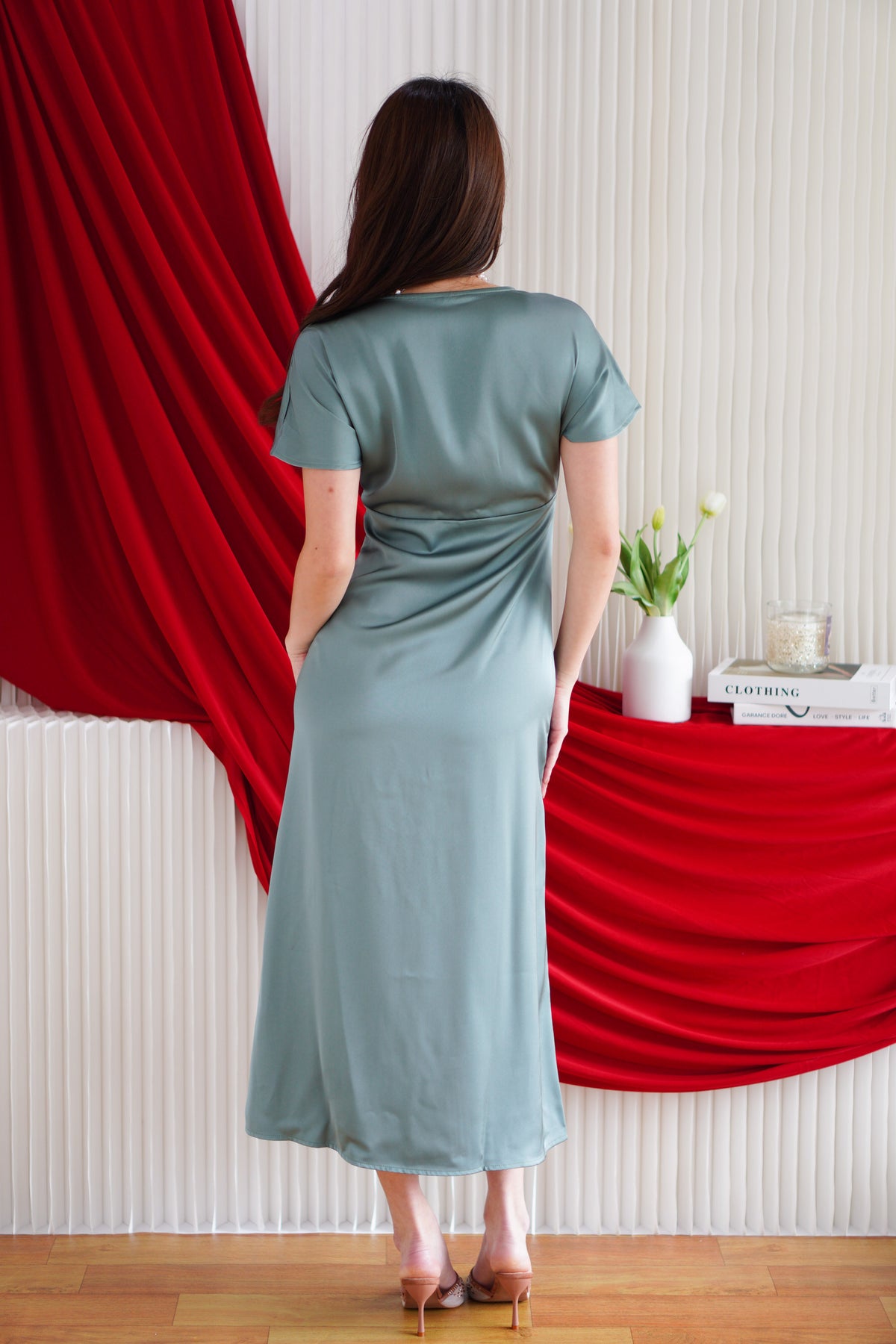 Ophie Deep V Satin Maxi Dress in Green