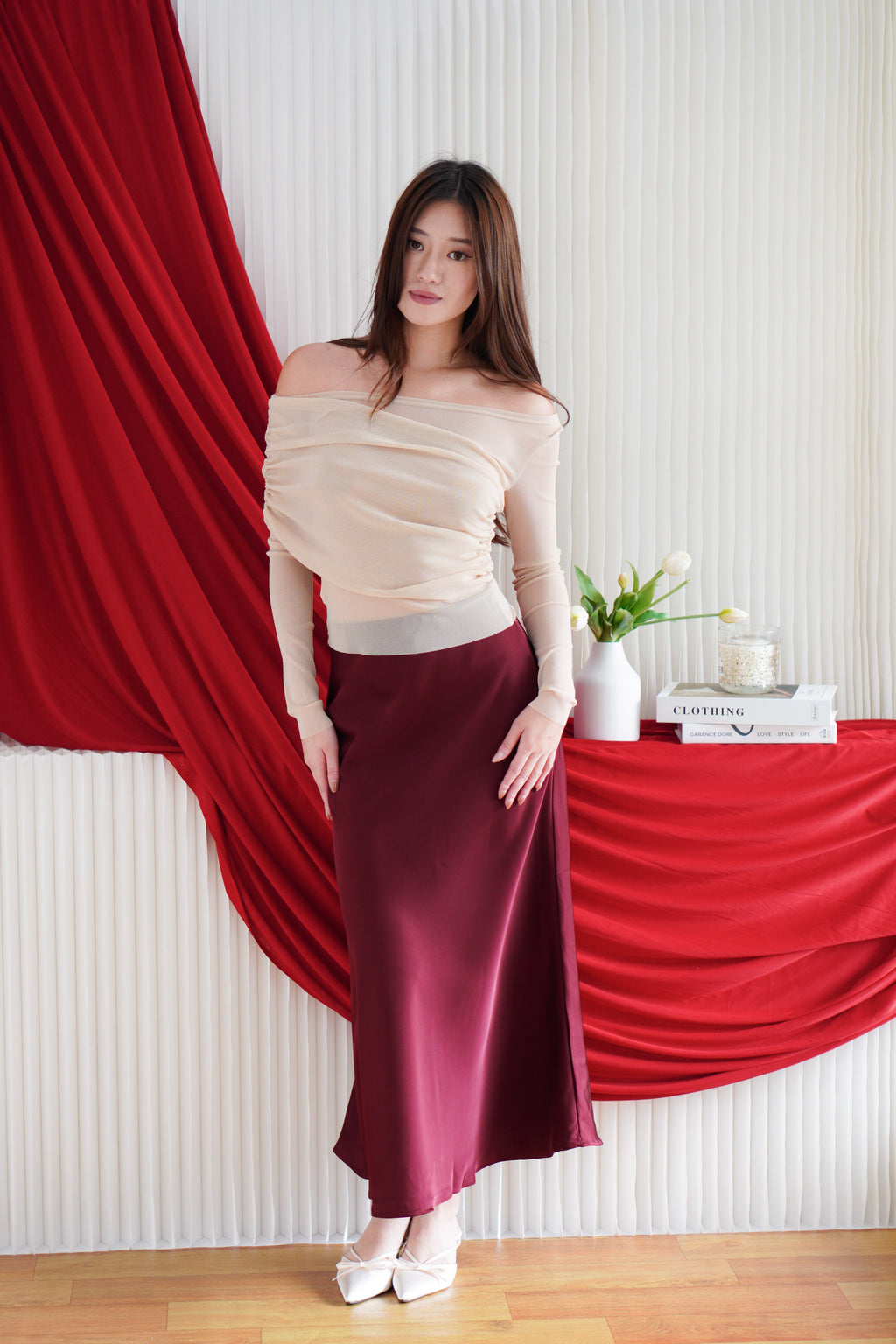 Visora Mesh Ruched Long Sleeve Top in Nude