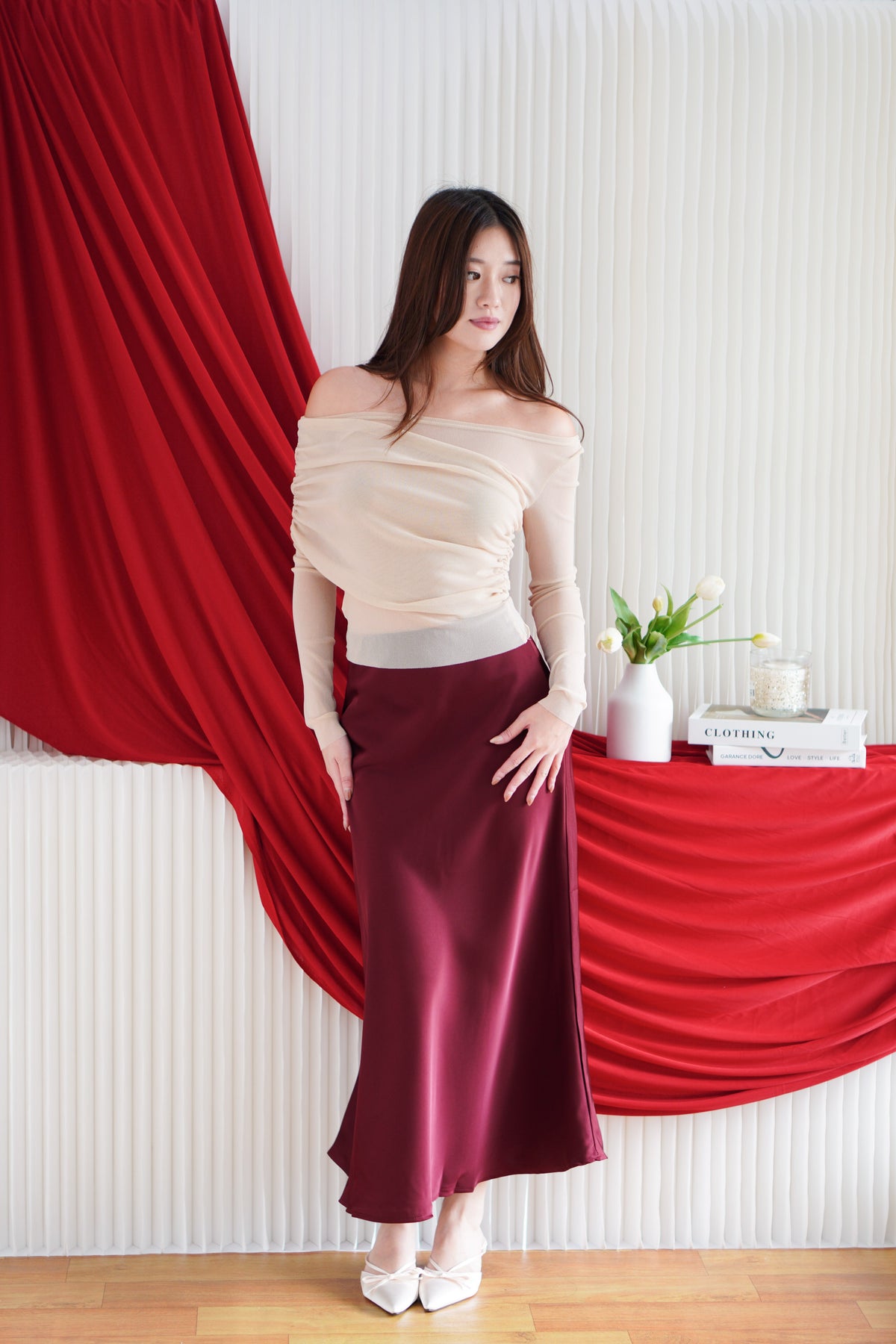 Visora Mesh Ruched Long Sleeve Top in Nude