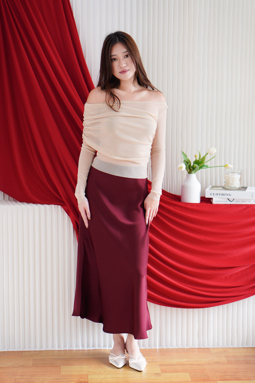 Visora Mesh Ruched Long Sleeve Top in Nude