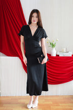 Ophie Deep V Satin Maxi Dress in Black