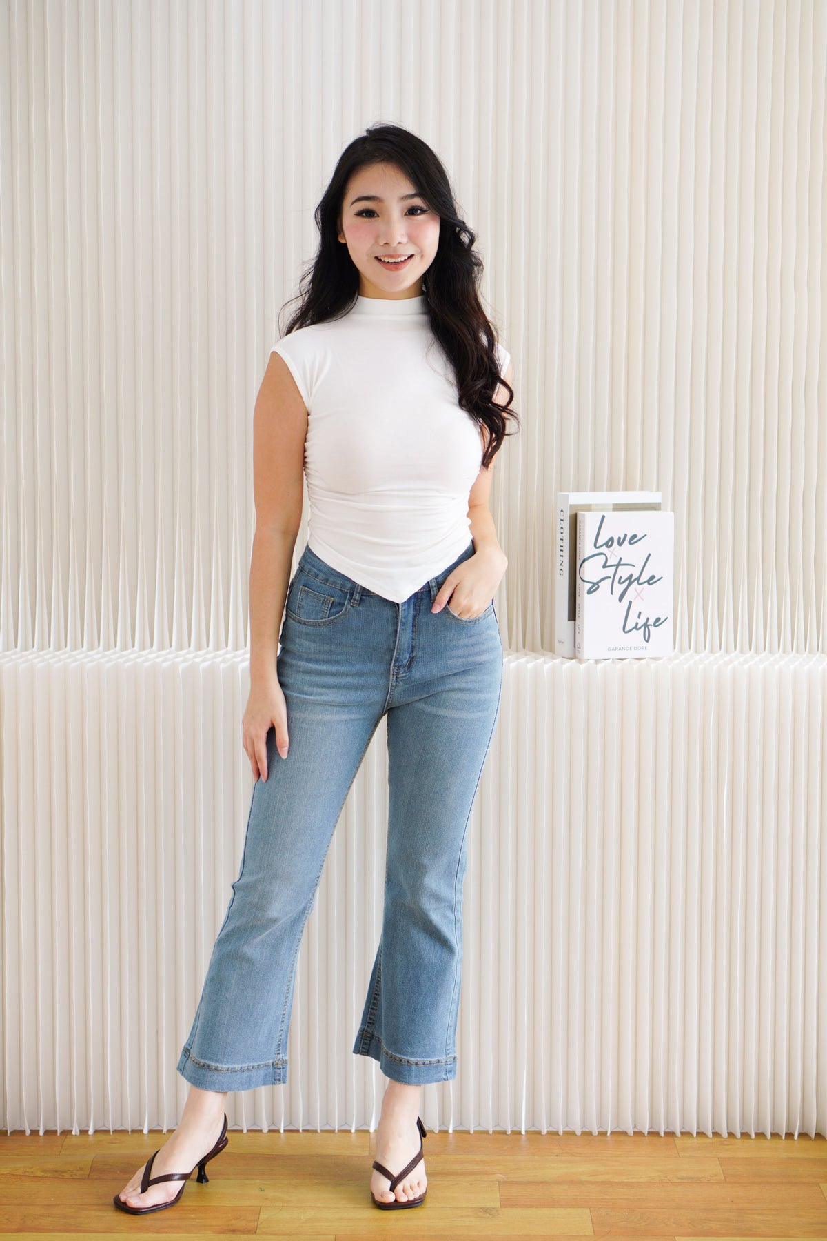 Elysia Basic High Neck Ruched Waist Top in White
