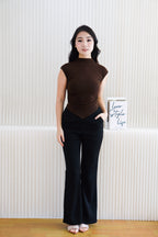 Elysia Basic High Neck Ruched Waist Top in Dark Brown