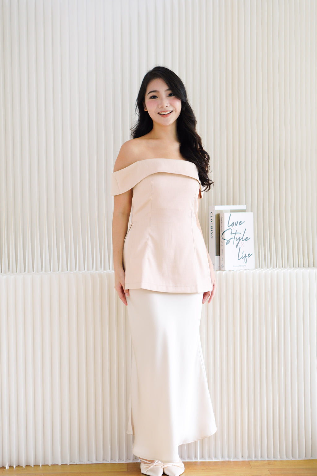 Coria Off Shoulder Linen Peplum Top in Beige