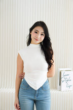 Elysia Basic High Neck Ruched Waist Top in White