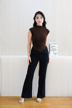 Elysia Basic High Neck Ruched Waist Top in Dark Brown