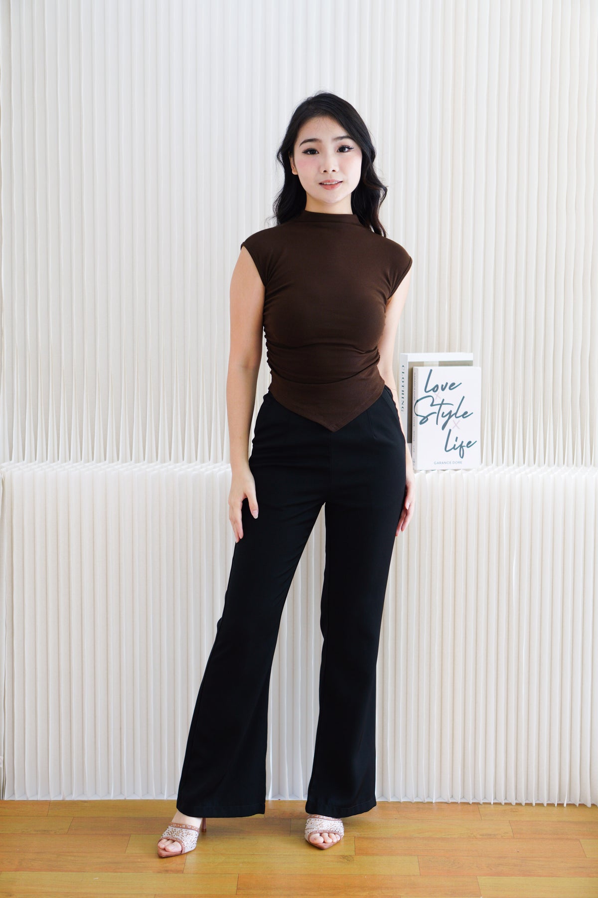 Elysia Basic High Neck Ruched Waist Top in Dark Brown