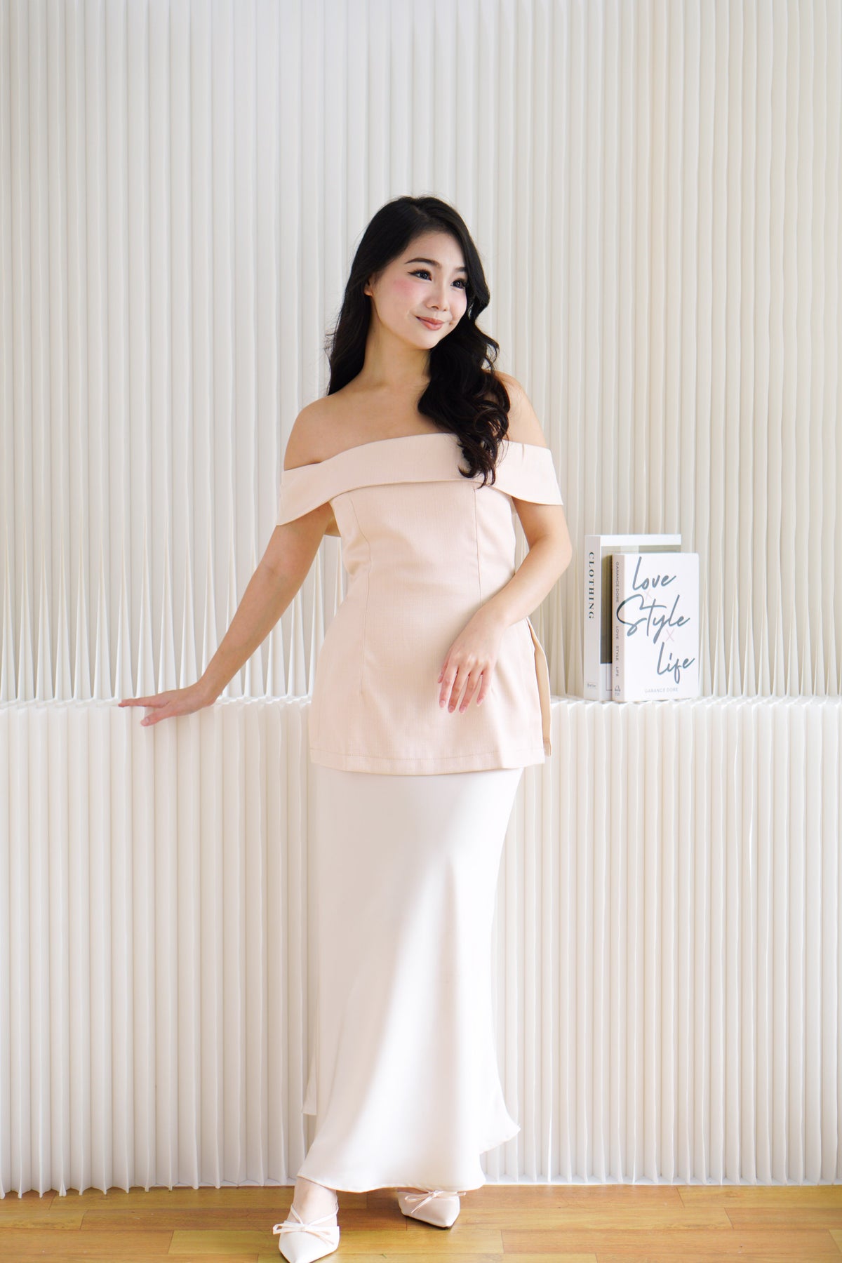 Coria Off Shoulder Linen Peplum Top in Beige