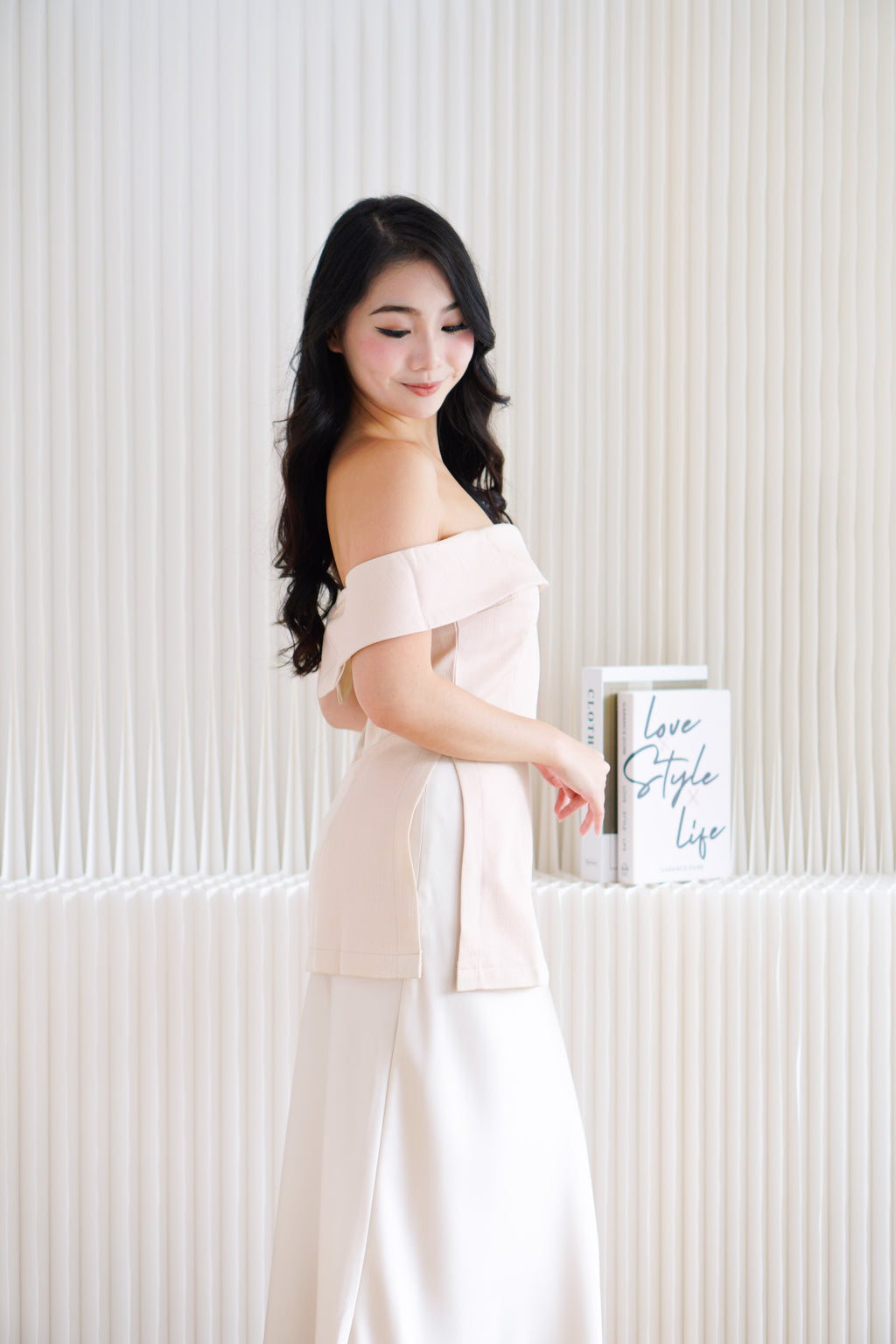 Coria Off Shoulder Linen Peplum Top in Beige