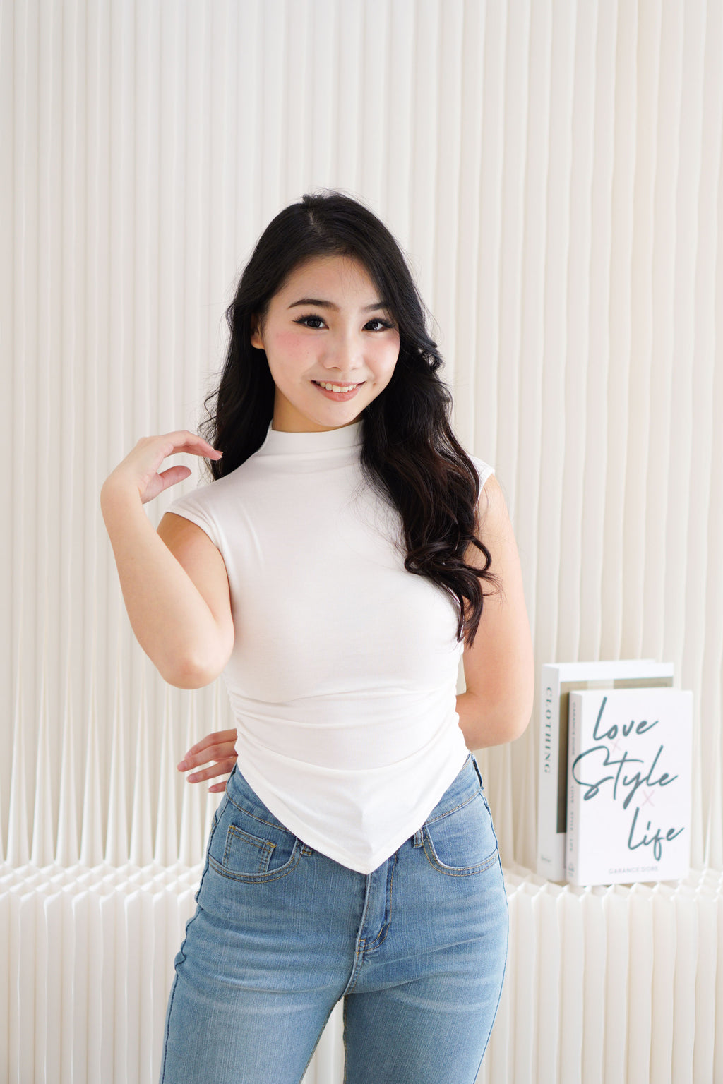 Elysia Basic High Neck Ruched Waist Top in White