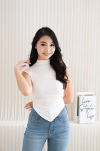 Elysia Basic High Neck Ruched Waist Top in White