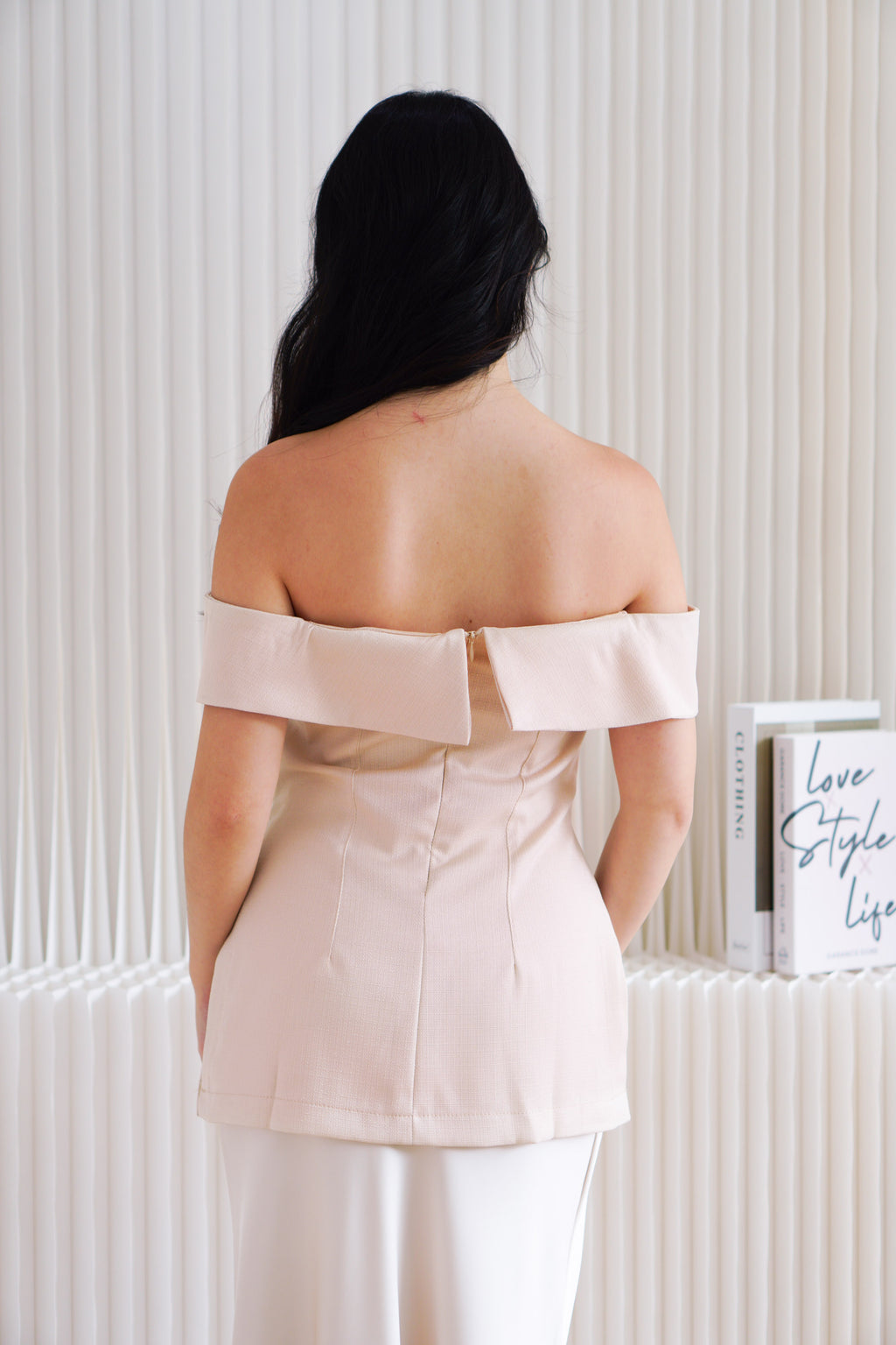 Coria Off Shoulder Linen Peplum Top in Beige