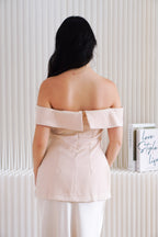 Coria Off Shoulder Linen Peplum Top in Beige
