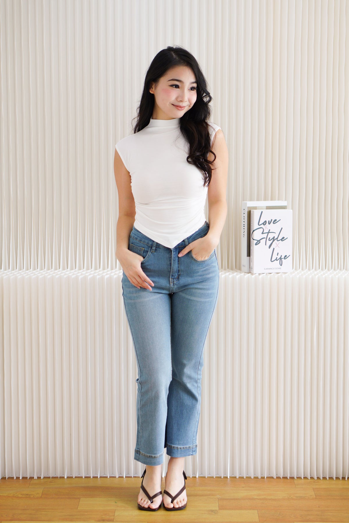 Elysia Basic High Neck Ruched Waist Top in White