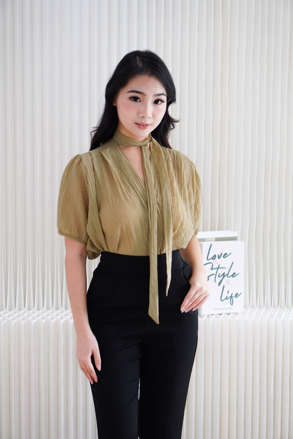 Iselle Sheer Choker Top in Olive Khaki