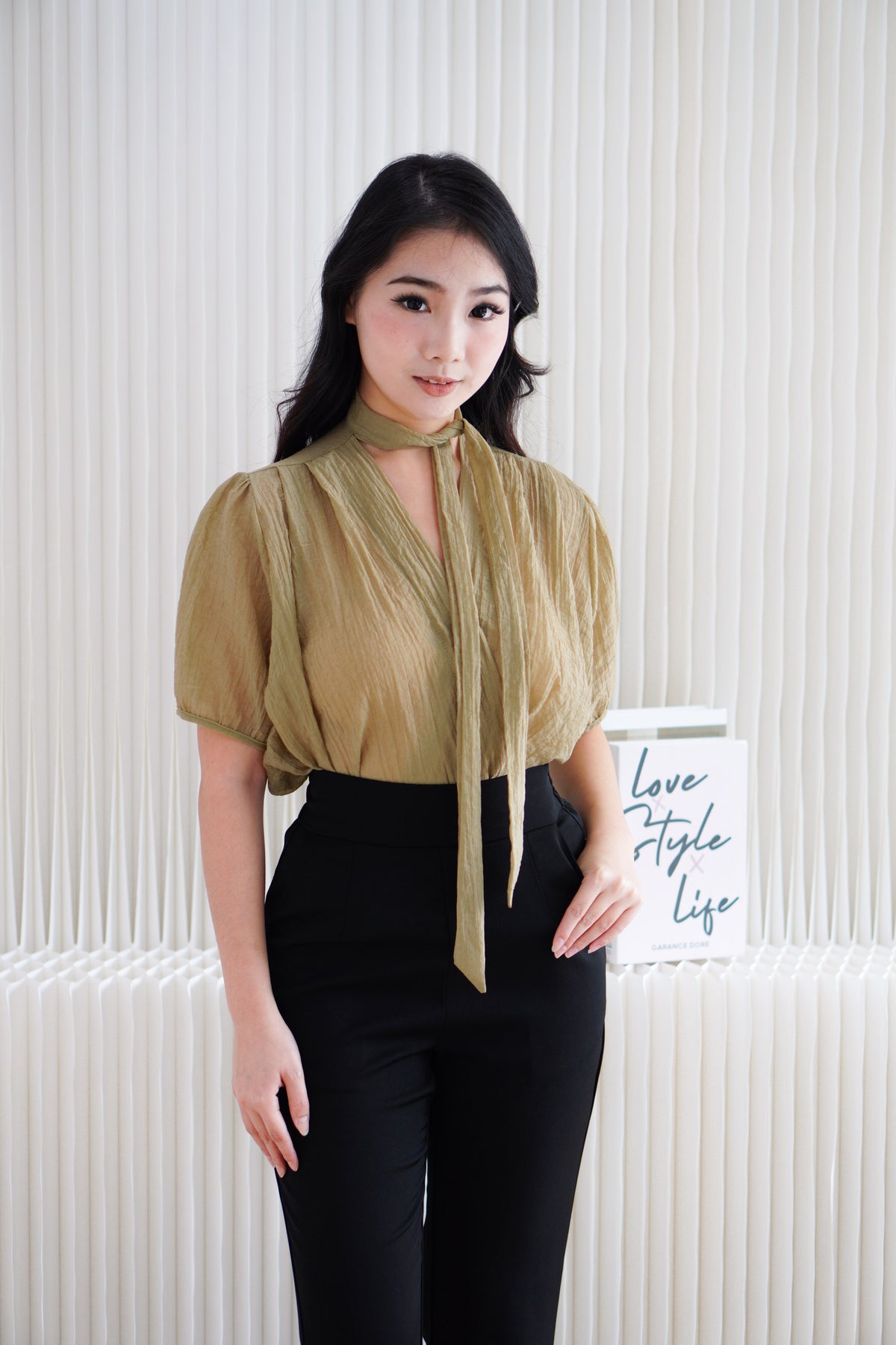 Iselle Sheer Choker Top in Olive Khaki