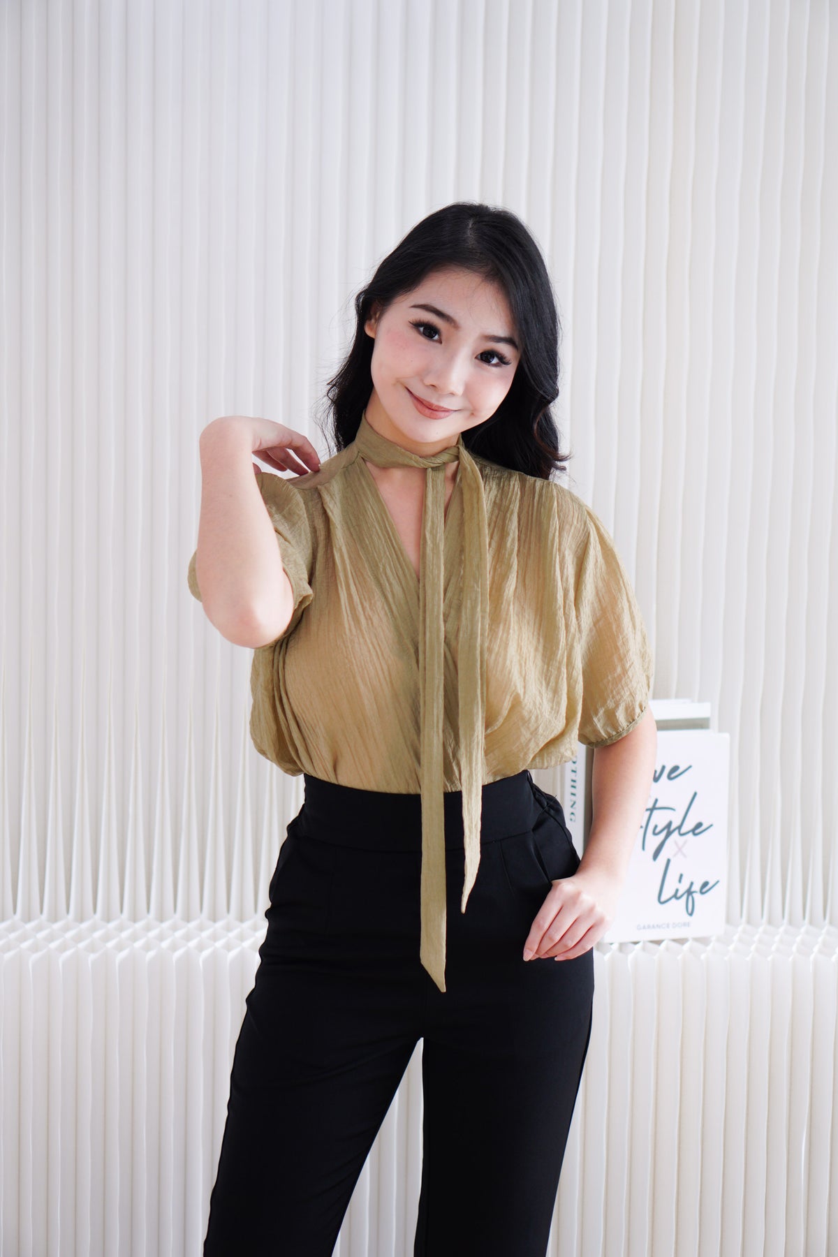 Iselle Sheer Choker Top in Olive Khaki