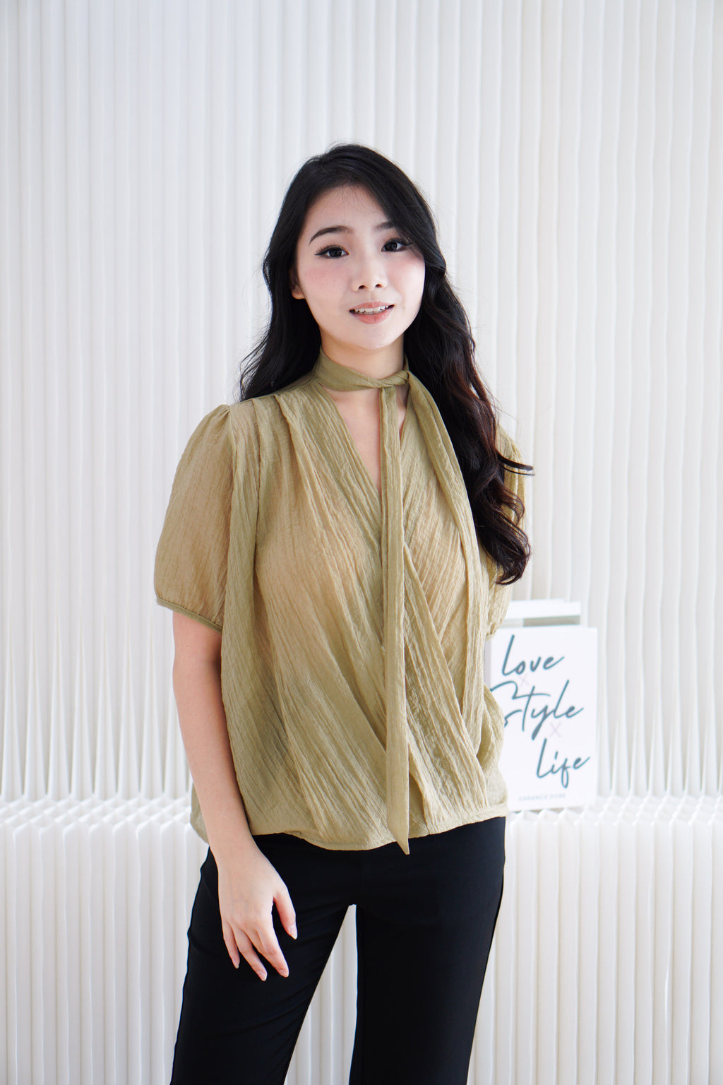 Iselle Sheer Choker Top in Olive Khaki