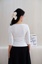 Mikaela Boat Neck Mid Sleeves Top in White