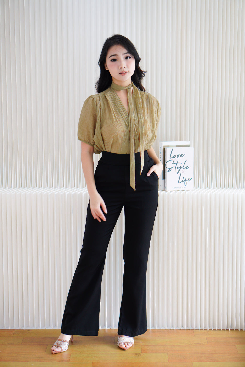 Iselle Sheer Choker Top in Olive Khaki