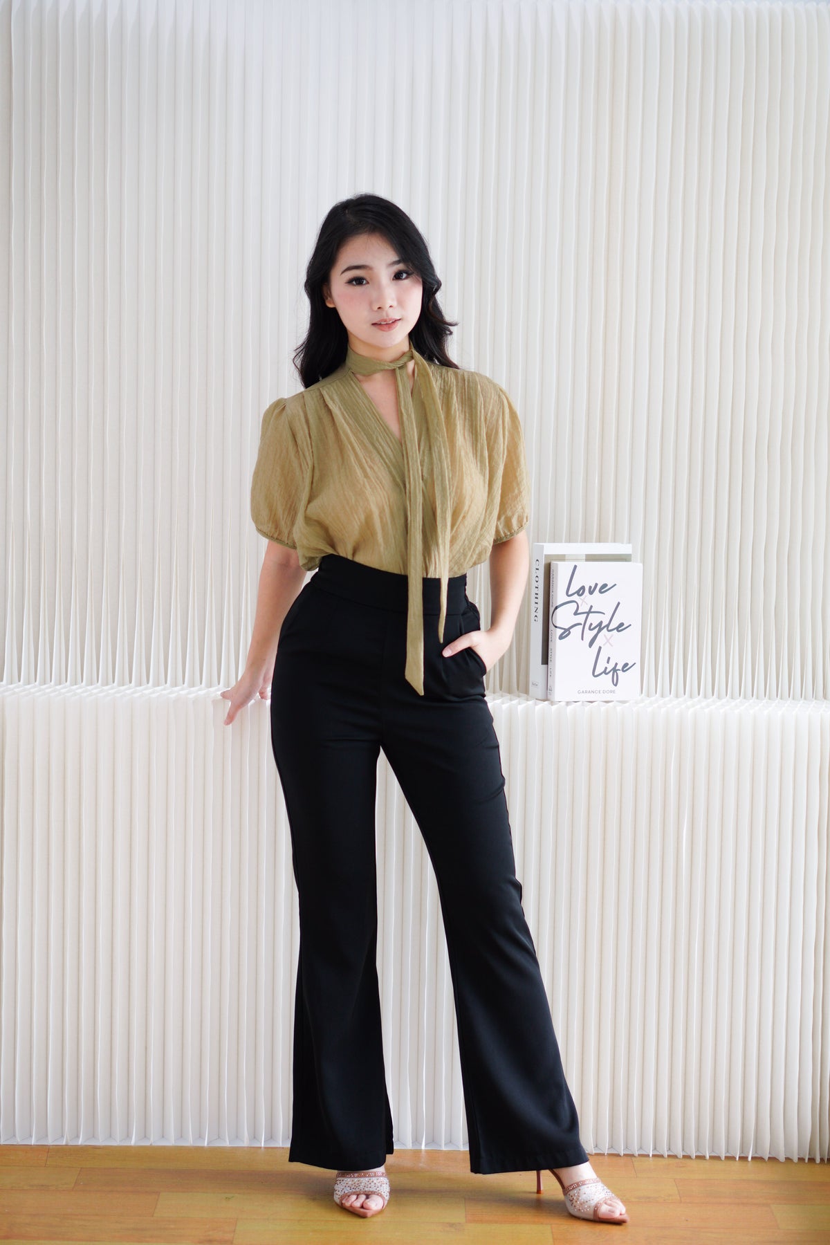 Iselle Sheer Choker Top in Olive Khaki