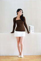Kova Queen Anne Neckline Long Sleeve Top in Brown