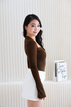Kova Queen Anne Neckline Long Sleeve Top in Brown
