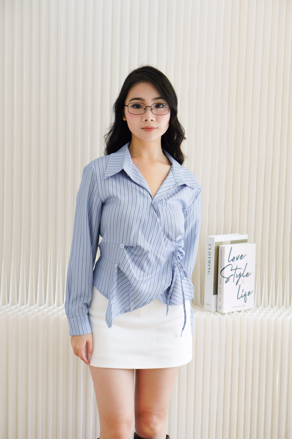 (BACKORDER) Novo Asymmetric Wrap Button Down Collar Top in Blue Stripes