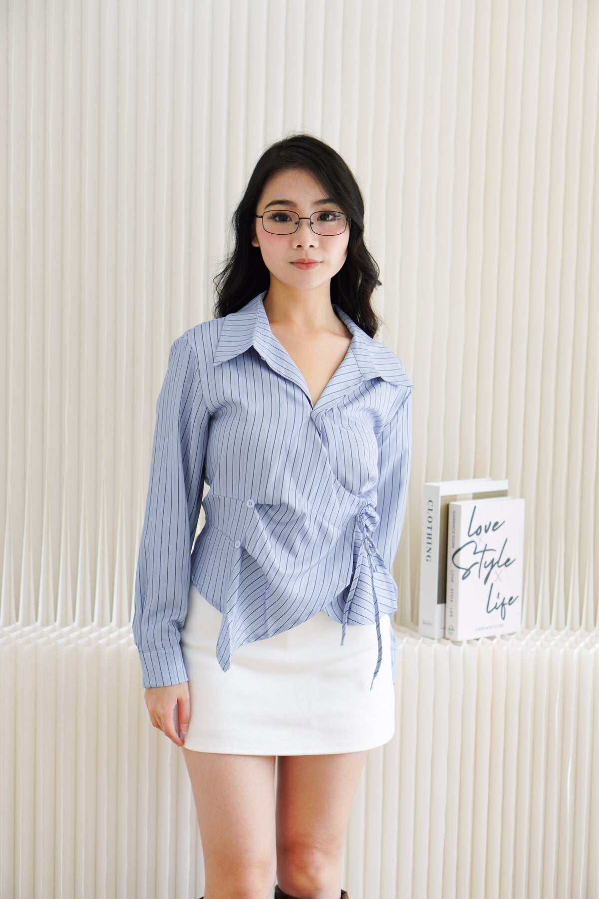 (BACKORDER) Novo Asymmetric Wrap Button Down Collar Top in Blue Stripes