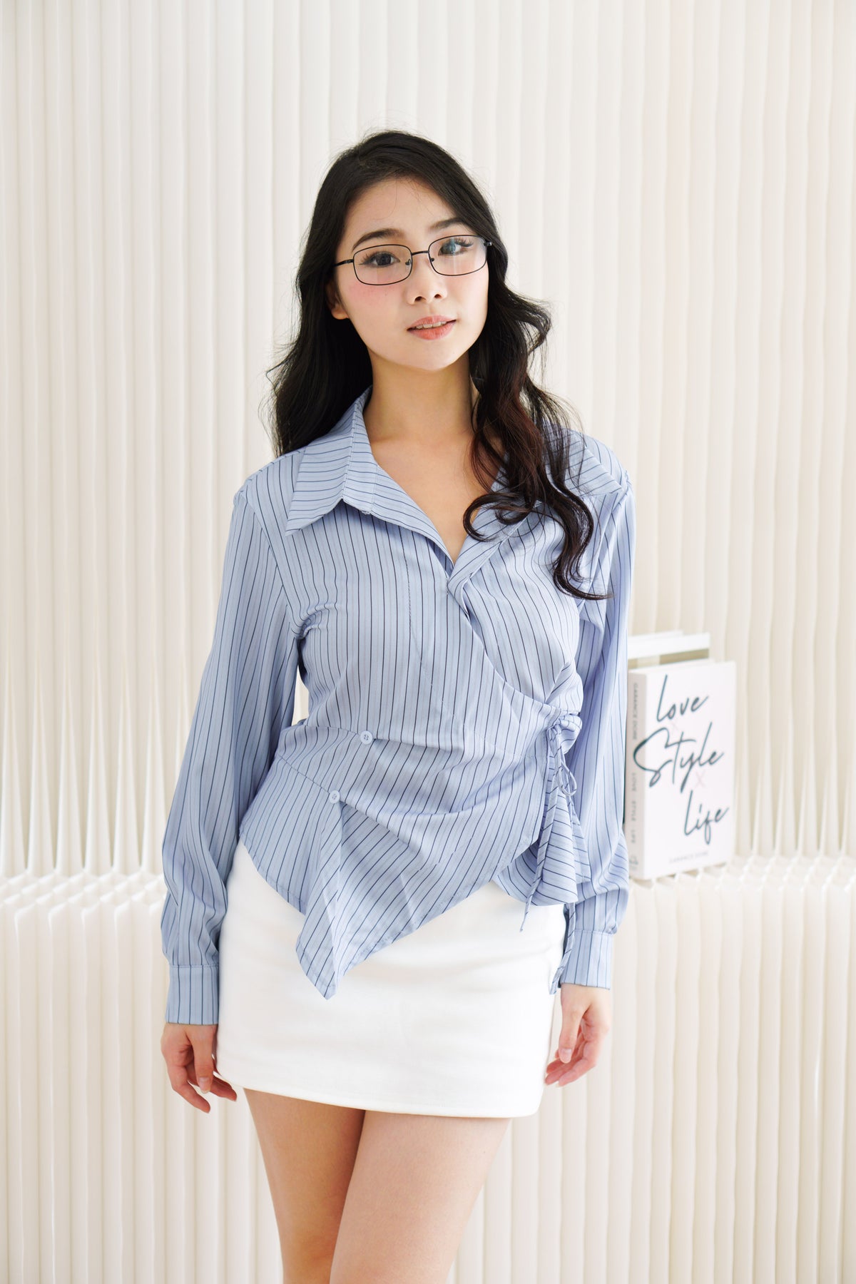 (BACKORDER) Novo Asymmetric Wrap Button Down Collar Top in Blue Stripes