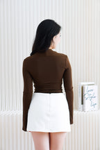 Kova Queen Anne Neckline Long Sleeve Top in Brown