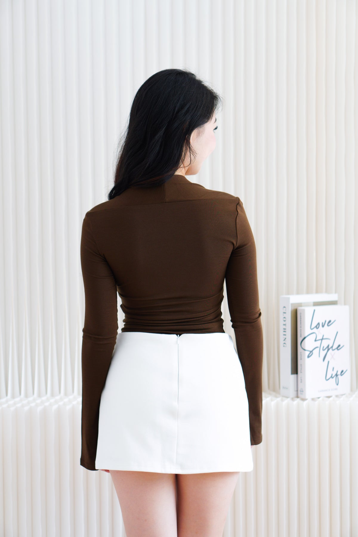 Kova Queen Anne Neckline Long Sleeve Top in Brown