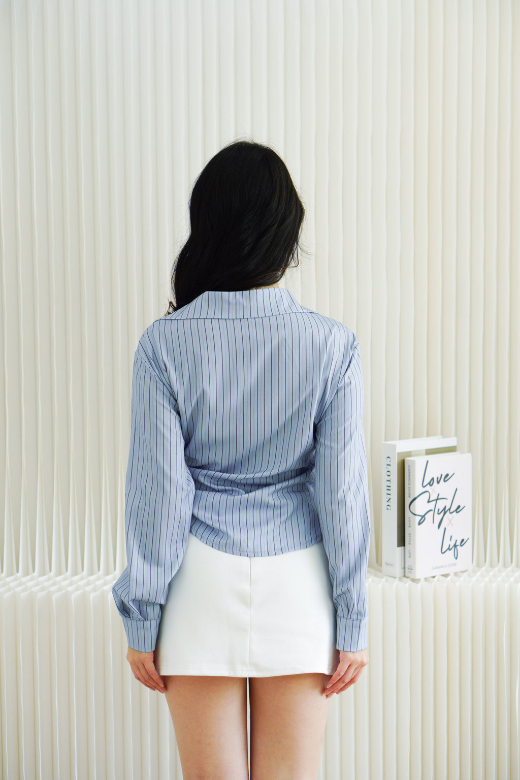 (BACKORDER) Novo Asymmetric Wrap Button Down Collar Top in Blue Stripes