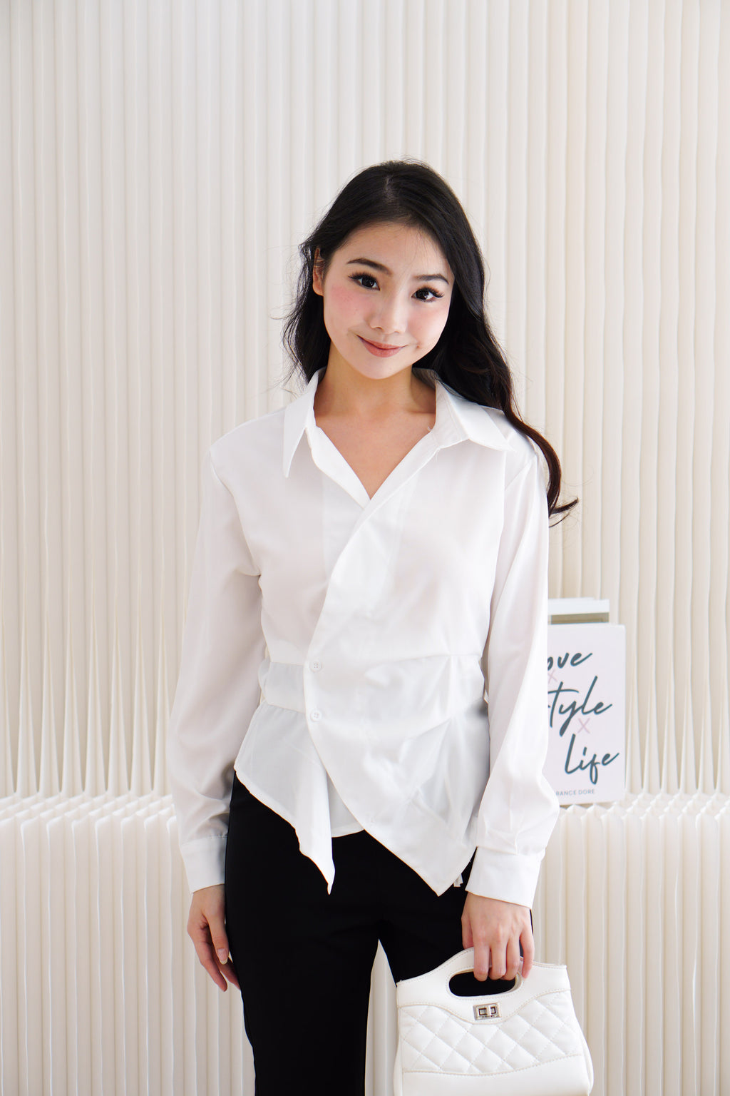 Novo Asymmetric Wrap Button Down Collar Top in White