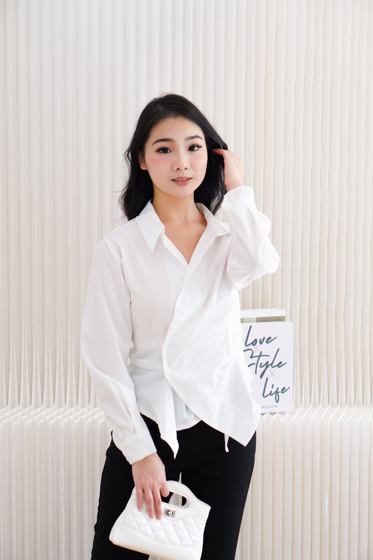 Novo Asymmetric Wrap Button Down Collar Top in White