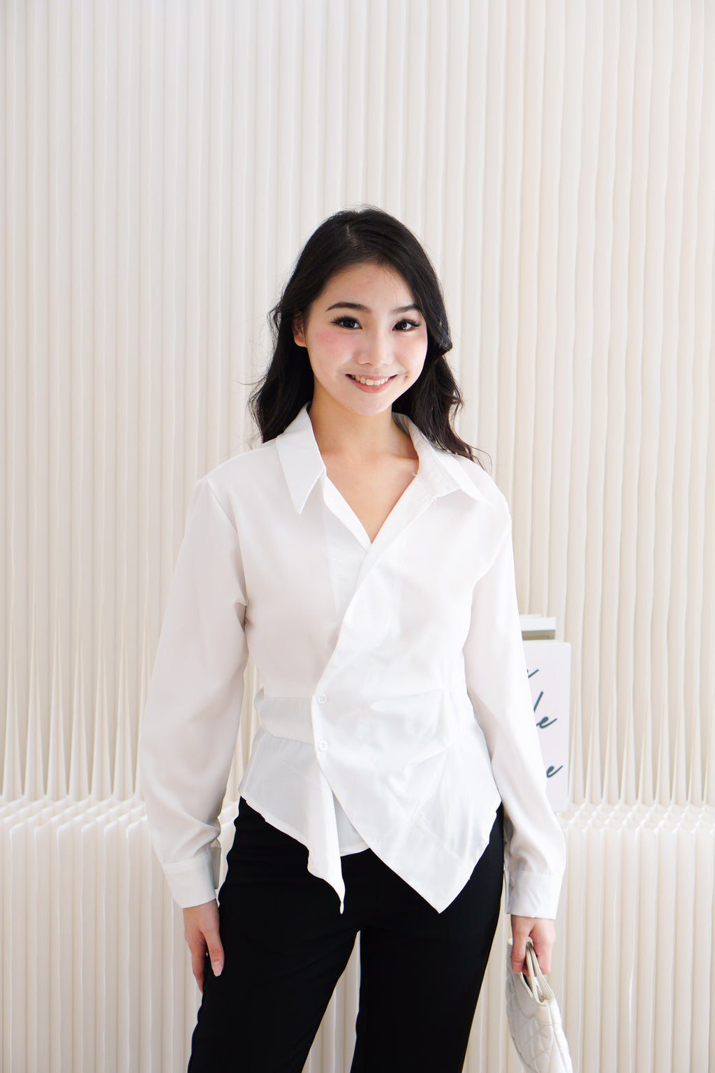 Novo Asymmetric Wrap Button Down Collar Top in White