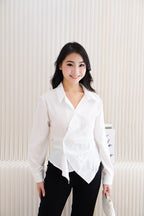 Novo Asymmetric Wrap Button Down Collar Top in White
