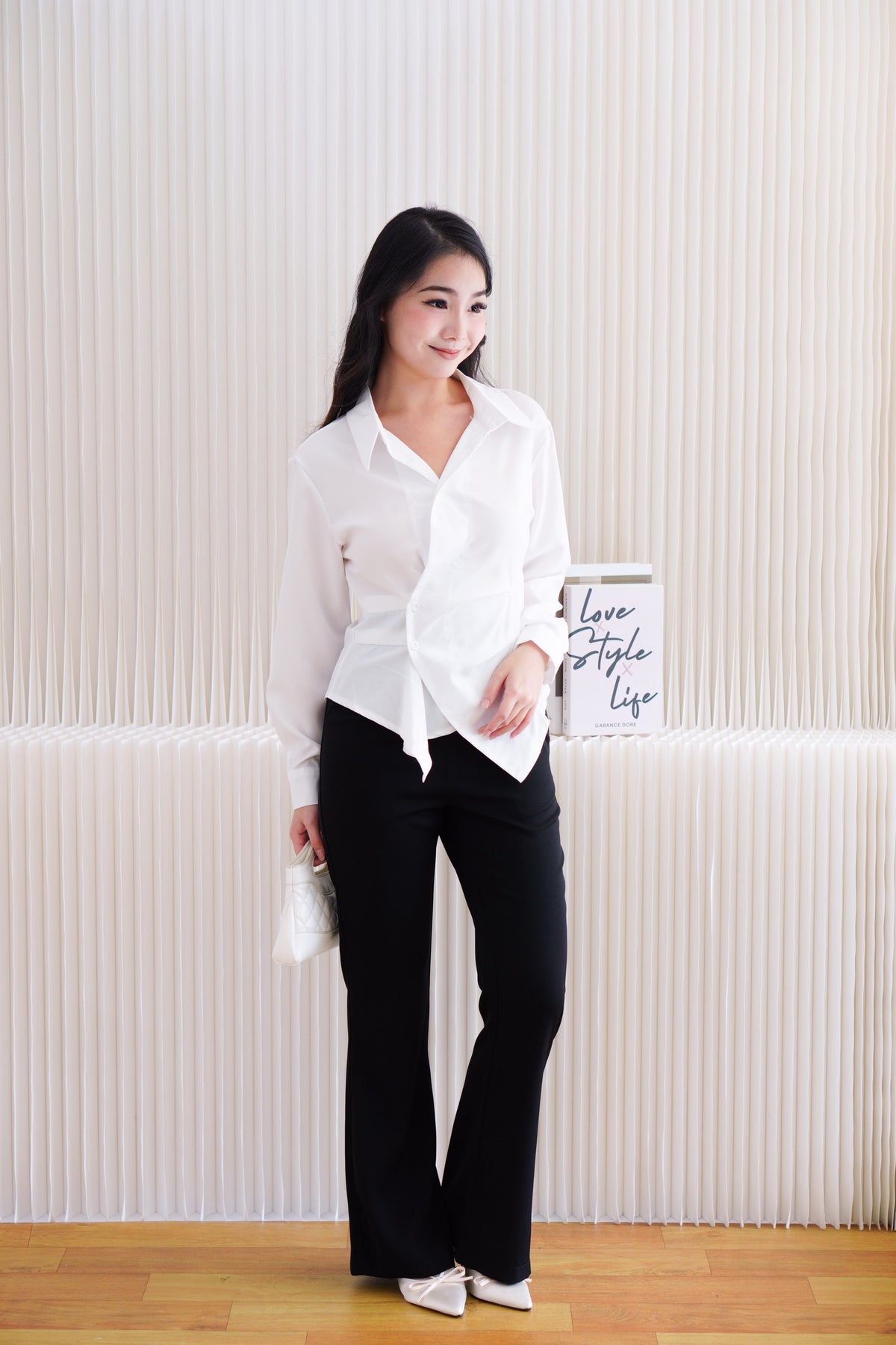 Novo Asymmetric Wrap Button Down Collar Top in White