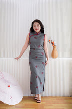 Yu Ting Straight Cut High Neck Cheongsam in Dark Grey and Red