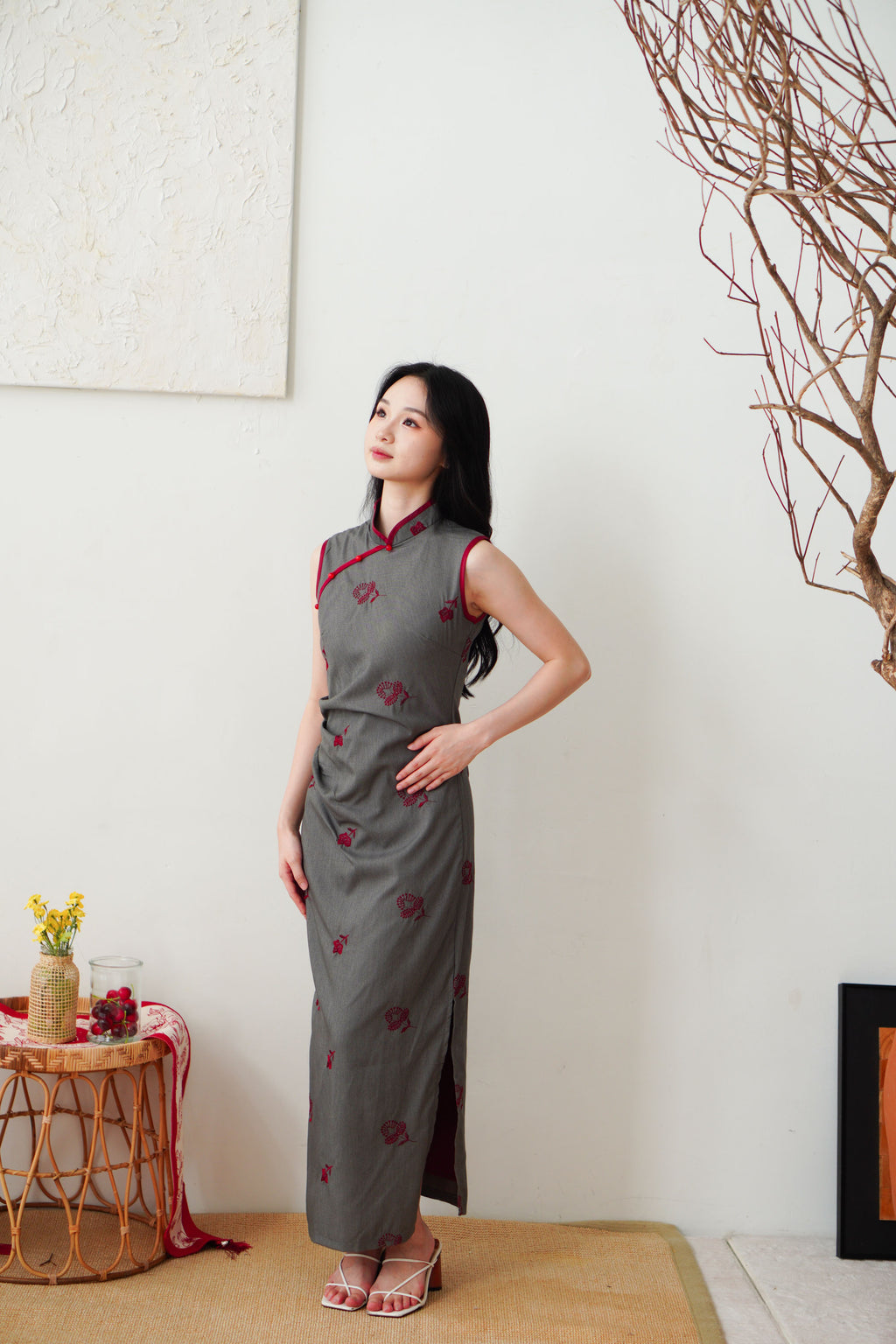 Yu Ting Straight Cut High Neck Cheongsam in Dark Grey and Red