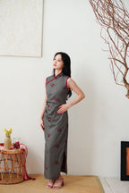 Yu Ting Straight Cut High Neck Cheongsam in Dark Grey and Red