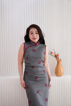 Yu Ting Straight Cut High Neck Cheongsam in Dark Grey and Red