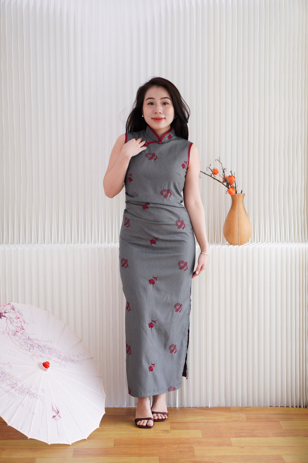 Yu Ting Straight Cut High Neck Cheongsam in Dark Grey and Red