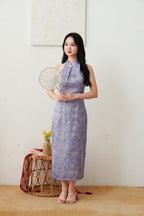 Qian Lan Halter Neck Floral Printed Cheongsam in Blue Purple