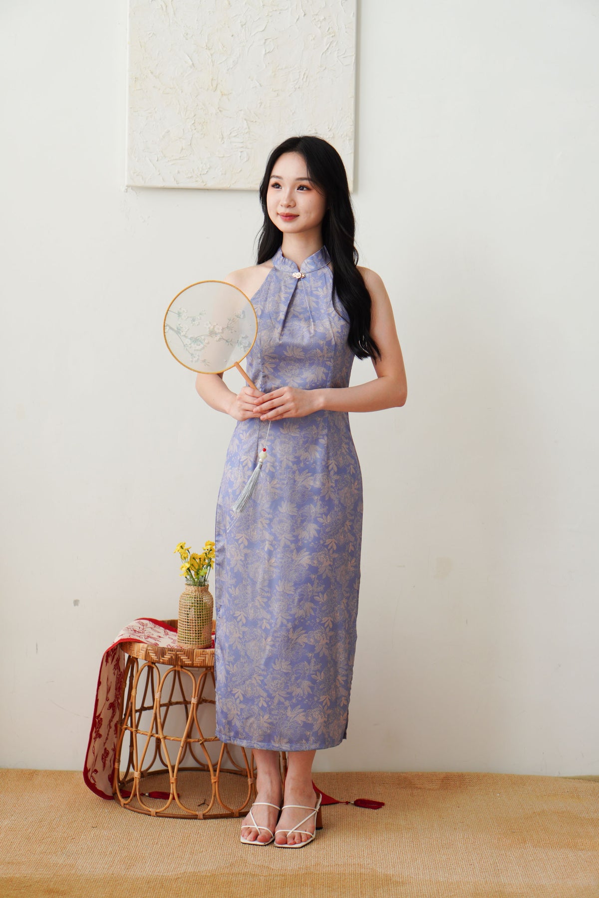 Qian Lan Halter Neck Floral Printed Cheongsam in Blue Purple