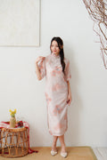 Xuan Wen Mid Sleeves Floral Maxi Cheongsam in Peach Pink