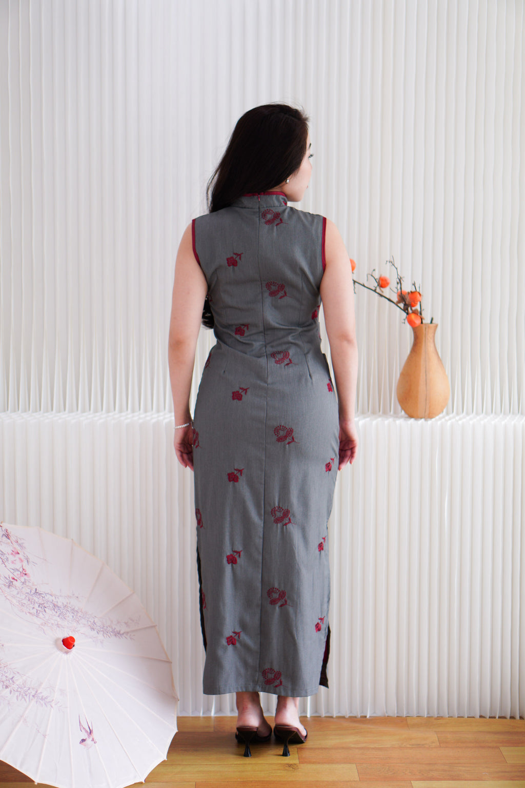 Yu Ting Straight Cut High Neck Cheongsam in Dark Grey and Red