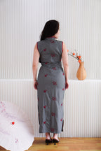 Yu Ting Straight Cut High Neck Cheongsam in Dark Grey and Red