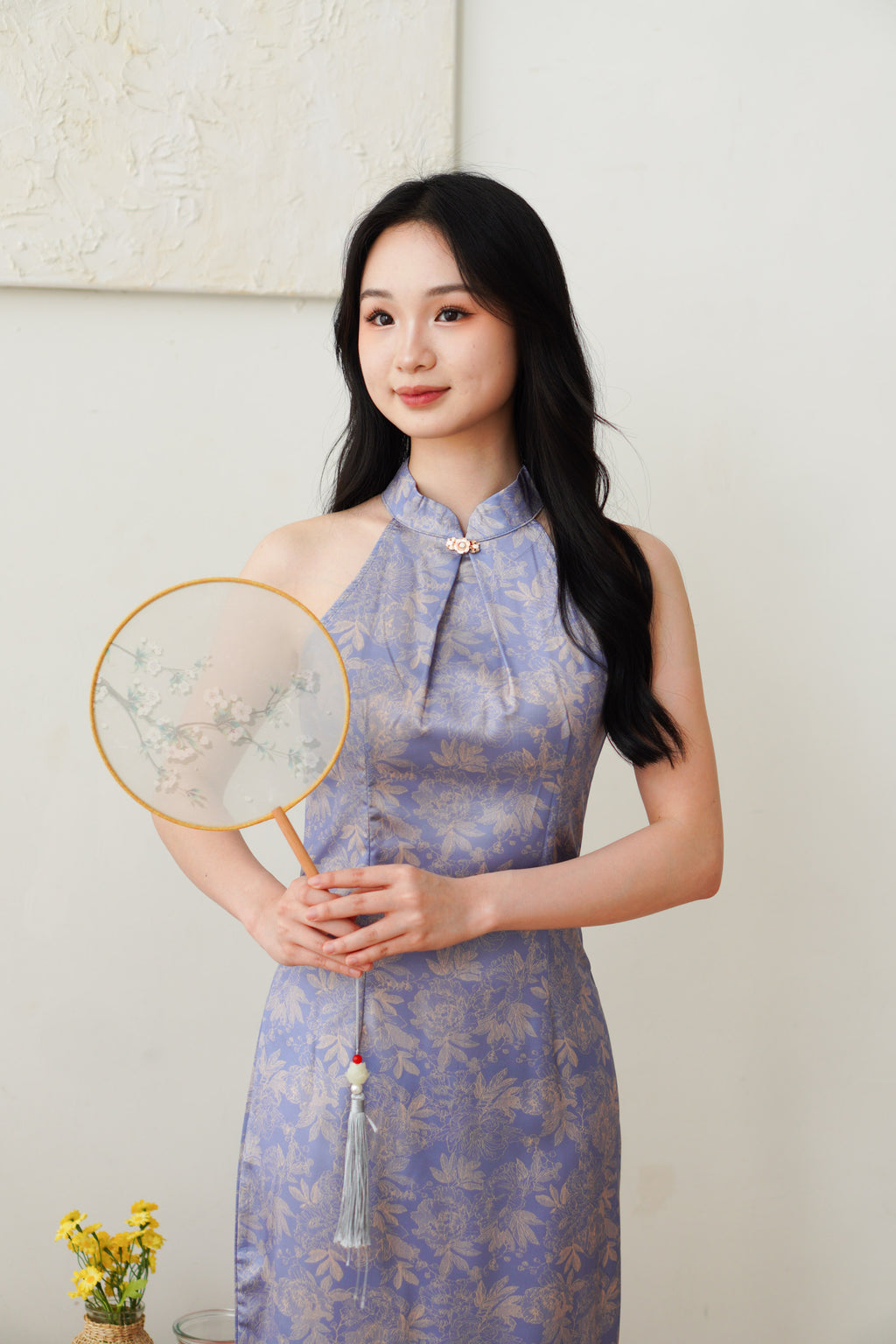 Qian Lan Halter Neck Floral Printed Cheongsam in Blue Purple