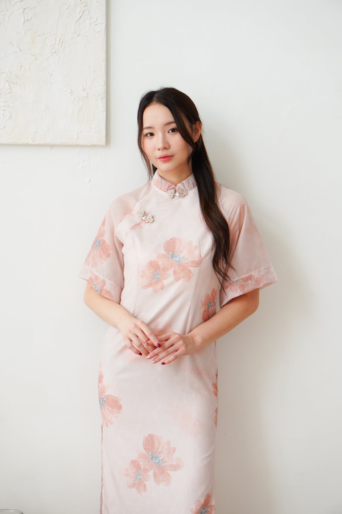 Xuan Wen Mid Sleeves Floral Maxi Cheongsam in Peach Pink